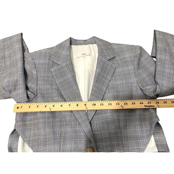 Tibi Blazer Cooper Oversized Cutout Prince Wales Checked Wool Silk Gray Size 6 - Picture 10 of 13